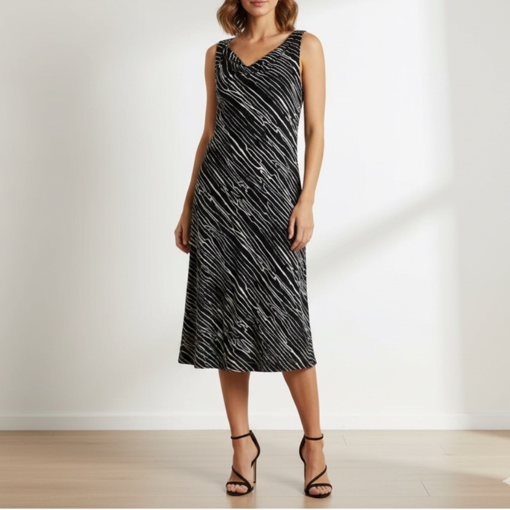 BCBGMaxAzaria Sheath Jersey Midi Dress Size Large Career Party Black Tan Stretch